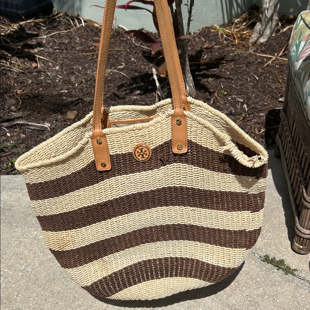 Tory Burch Brown and Natural Striped Straw Tote